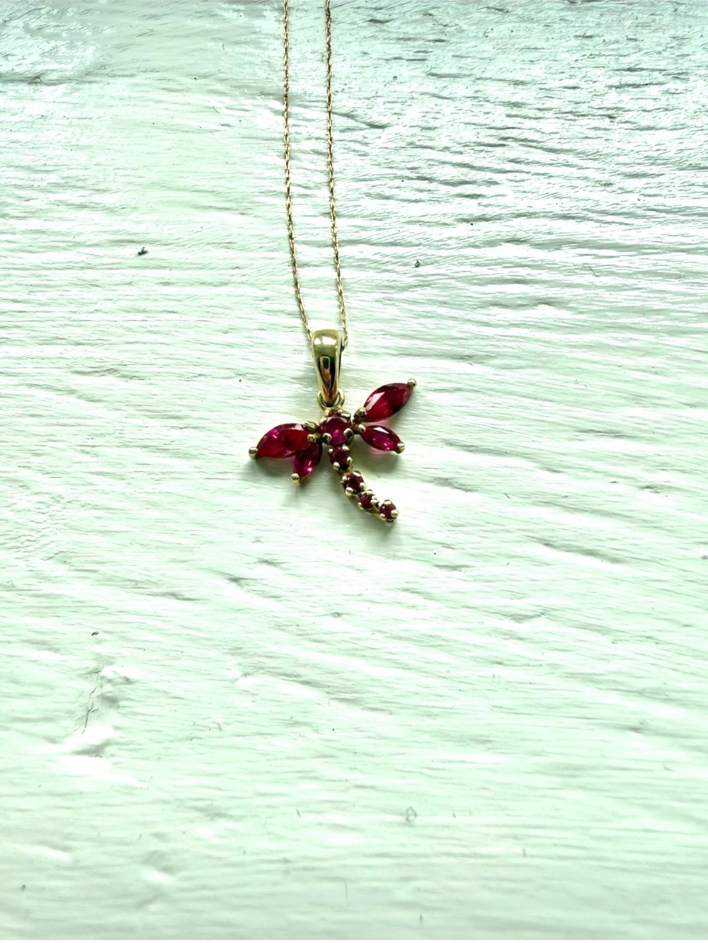 Elegant Ruby and Gold Dragonfly Necklace with Marquise cut Ruby Gemstones